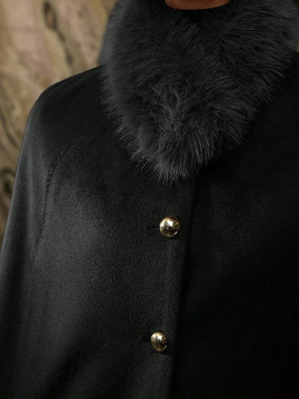 Black Elegant Women's Fuzzy Collar Cape Overcoat